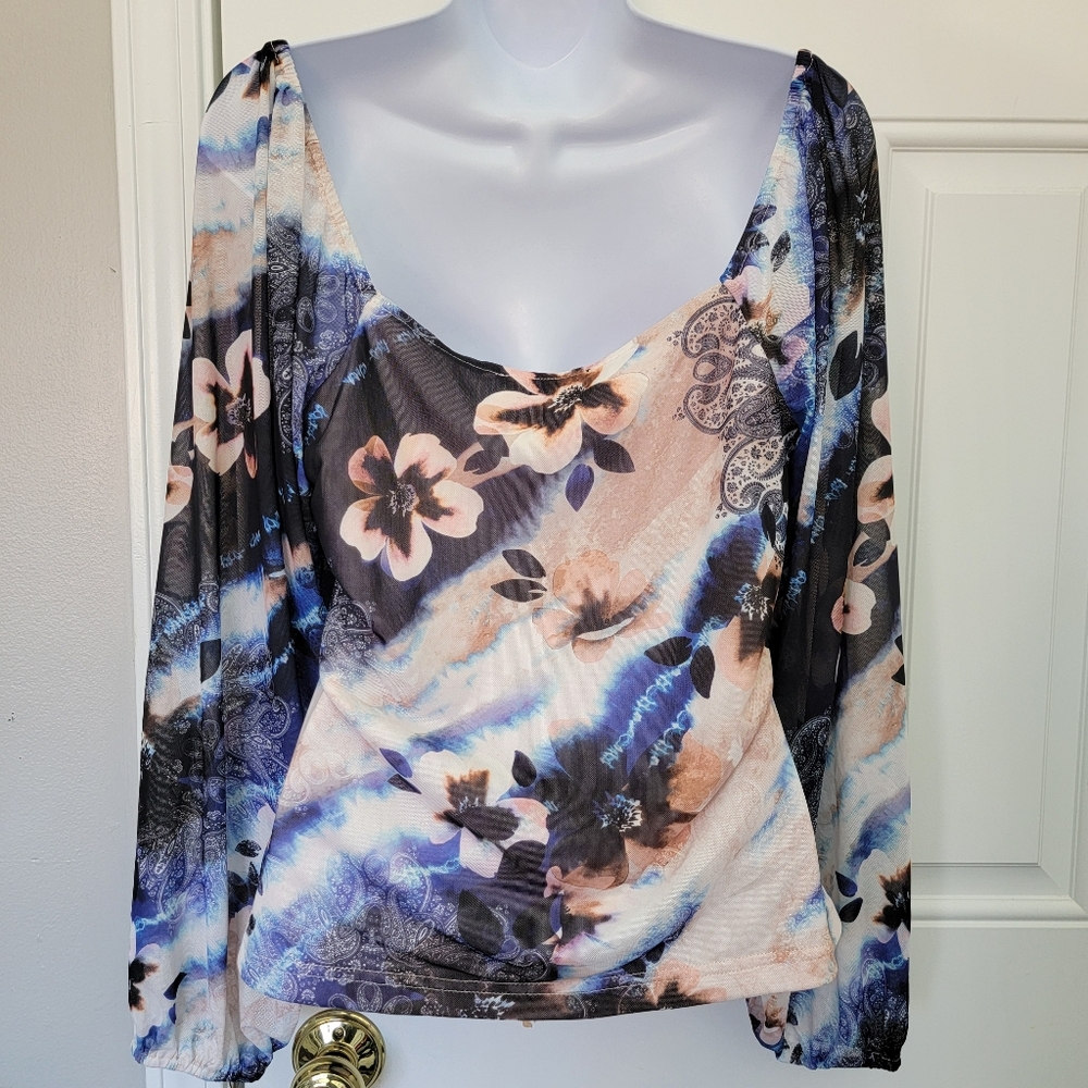 Boston Proper Ruched Off The Shoulder Blue Cream Watercolor Paisley Blouse Med - Picture 5 of 9